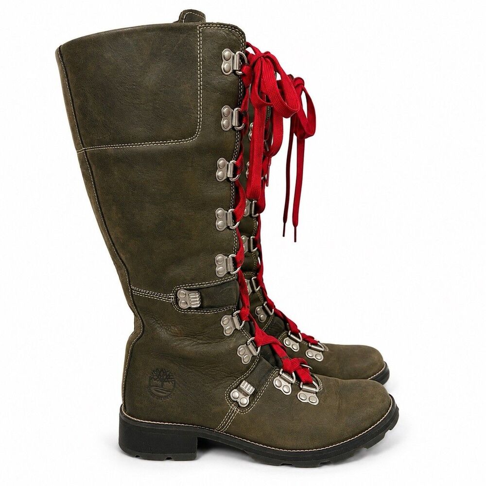 Timberland Waterproof Leather Lace Up Boots Women 7M Tall Green Red Laces Combat